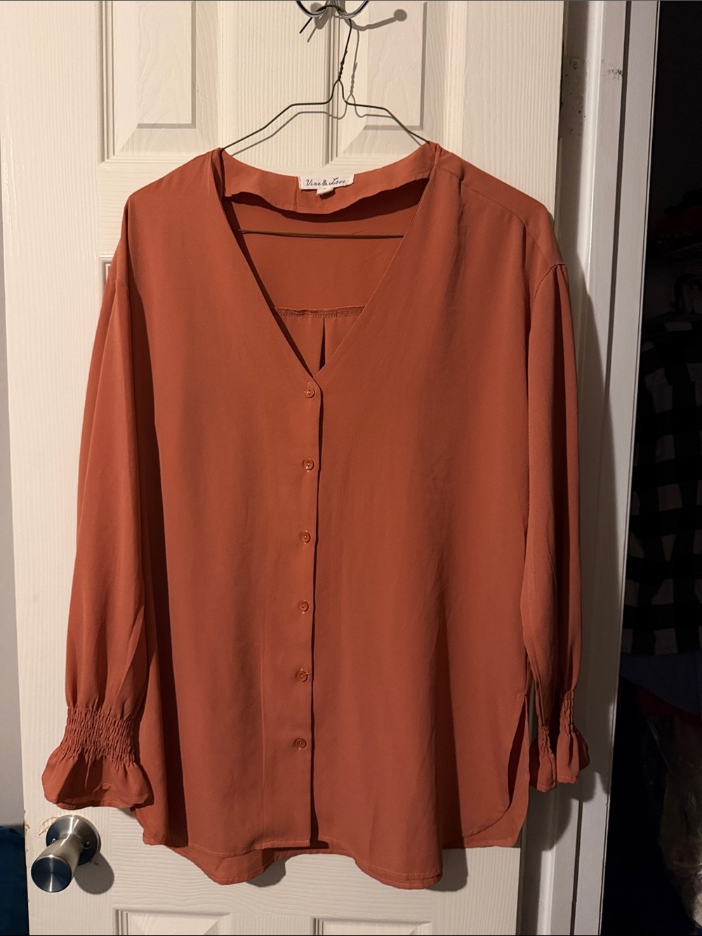 #297 Maeve Burnt Orange Button-Front V-Neck Blouse